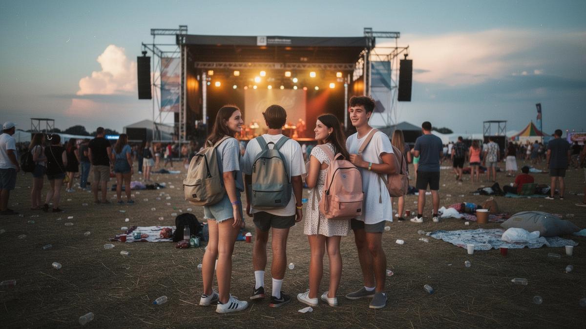 Young travellers with backpacks in front of an open-air festival stage at dusk